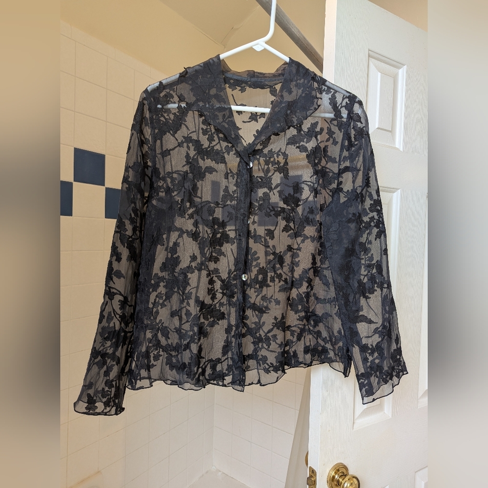 NWOT Evance Black Lace Chiffon Sheer Button-Up Blouse Size L